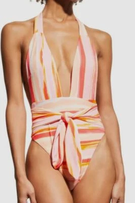 $296 Traje de baño Milly Cabana para mujer rosa atardecer rayas halter de una pieza talla M Foto 1 de 3