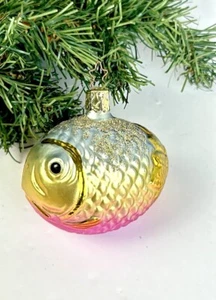 Glass Pink Yellow Gold Glitter Blowfish Fish Christmas Ornament Made in GERMANY - Picture 1 of 10