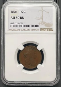 1804 1/2C Draped Bust Half Cent AU 50 Brown, Plain 4, No Stems - Picture 1 of 5