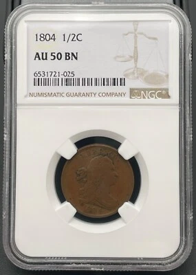 1804 1/2C Draped Bust Half Cent AU 50 Brown, Plain 4, No Stems - Image 1 of 4