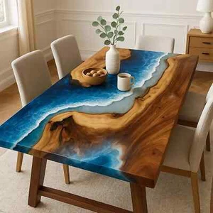 Ocean Epoxy Dining Table – Handmade Resin & Wood Wave Design, Coastal Art Decor - Picture 1 of 9