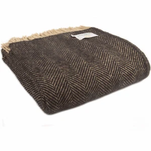TWEEDMILL Wool Sofa Throw Blanket UK HERRINGBONE VINTAGE BLACK BEIGE KNEE RUG  - Picture 1 of 12