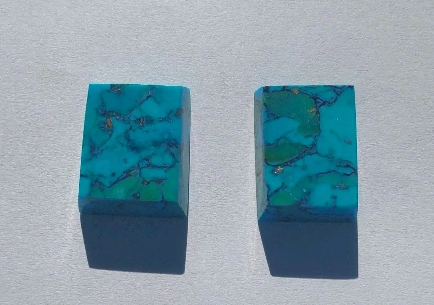 Pair High Grade Rectangle Natural Bisbee Turquoise 24.7 Ct Cabochons Blue Green  - Image 1 of 4