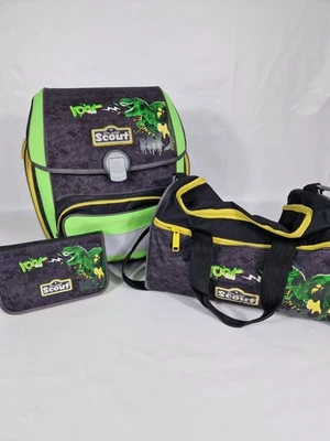 Scout Schulranzen Set Dinosaurier Grün Schwarz Mit Mäppchen Und Sporttasche - Bild 1 von 4