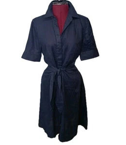 Lauren Ralph Lauren Navy Fit & Flare Dress Linen Collared Short Sleeve Midi Sz 6 - Picture 1 of 17