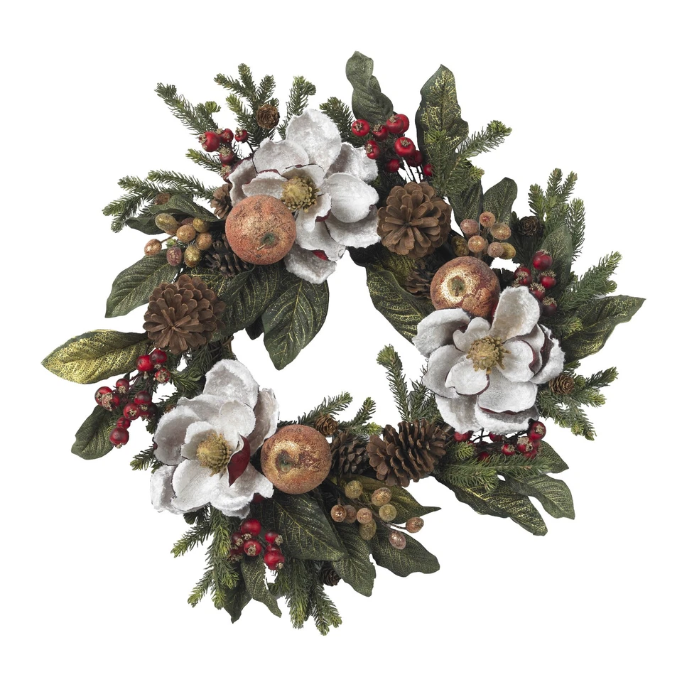 24" Magnolia Pinecone & Berry Wreath Green Leaves Holiday Decor - Image 1 of 1