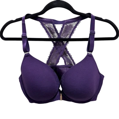 Cacique Womens 38DD Purple Cotton Blend Front Close Lace Racerback Bra - Image 1 of 4