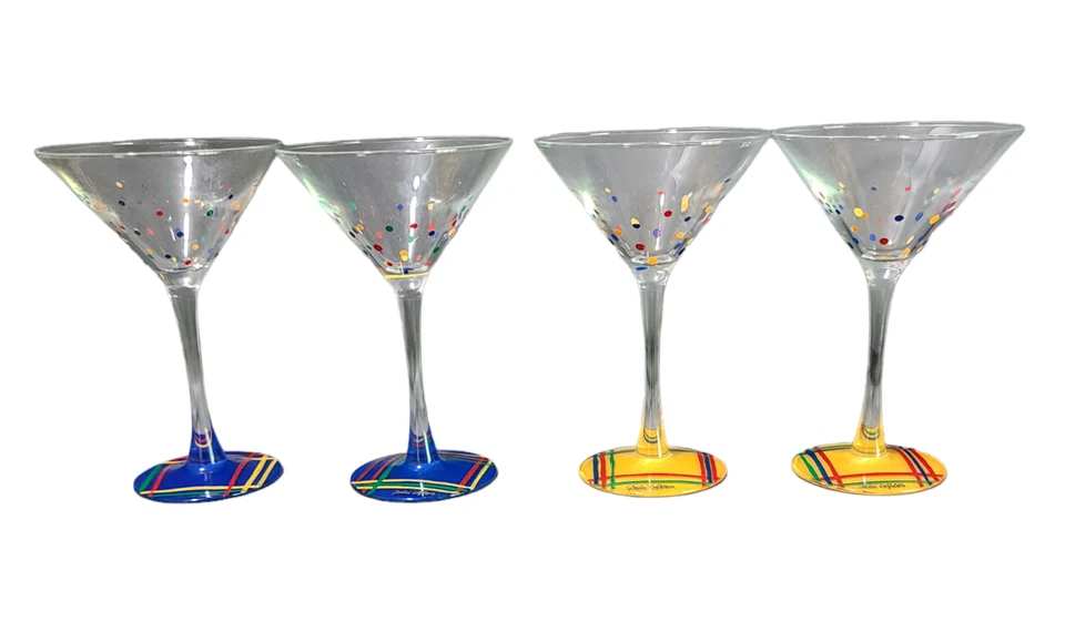Vintage Set of Four Hand Painted Polka-Dot Artist Sighed Martini Glasses 6.75'' - Image 1 of 4