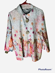 Multiples Camellia wood buttons printed light 3/4 length Cardigan NWT Size Large - Picture 1 of 7