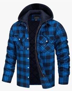 Men's Shirt Jacket Quilted Lined Plaid Flannel Shirt Removeable Hood Winter Coat - Picture 1 of 3