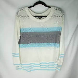 Maglione maglia aperta Torrid taglia 1 a righe bianco grigio blu pullover manica lunga - Foto 1 di 5