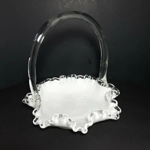 Fenton Ruffled Bridal Basket Silver Crest Milk Glass dbl Crimped With Handle - Picture 1 of 11
