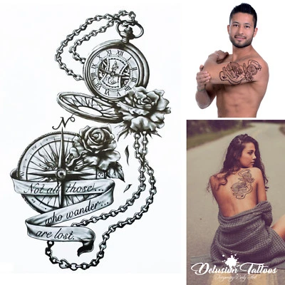 DELUSION TATTOOS Kompass Temporäres Tattoo - Windrose Kompass Rose Wasserdicht Herren Damen Kinder