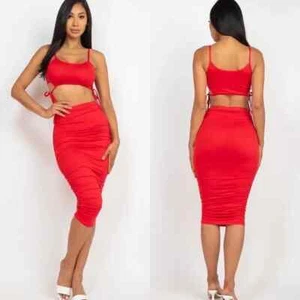 NEW Sexy Red Crop Top & Ruched Midi Skirt Set Sz M - Picture 1 of 8