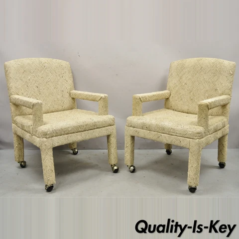 Pair Vintage Bassett Furniture Fully Upholstered Parson Style Club Lounge Chairs Cover