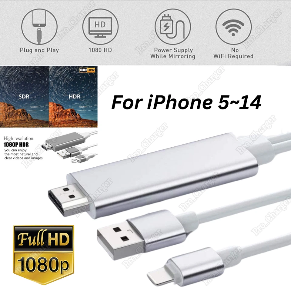 HDMI Mirroring AV Cable Phone to TV HDTV Adapter For iPhone 14 13 12 11 XR iPad - Image 1 of 4