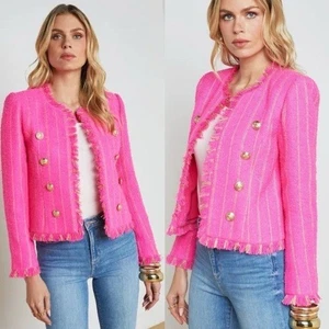 NWT L’AGENCE Tinlee Tweed Jacket in Shocking Pink/ Gold Stripe Size:2 - Picture 1 of 13