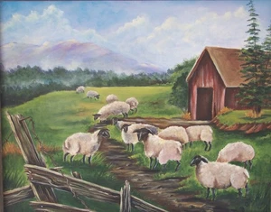 8x10 Barn with sheep print  on linen card stock - Picture 1 of 1
