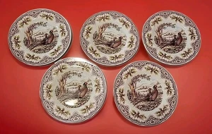 Pheasant Salad Plates 5 Victorian English Pottery Royal Stafford Homeland Wood - Picture 1 of 7