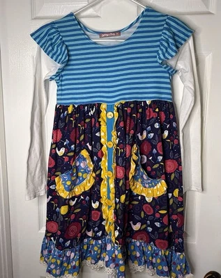 Vestido Jelly The Pug Azul Amarillo Bella Arte Popular Algodón Niñas Manga Larga Talla 14 Foto 1 de 4