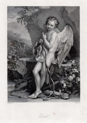 Eros als Engel. Originaler Stahlstich n. Vanloo um 1850 - Bild 1 von 2