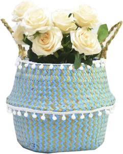 - Cesta Portaoggetti in Vimini Naturale, Con Pompon, Ripiegabile, Con Manici, pe - Foto 1 di 12