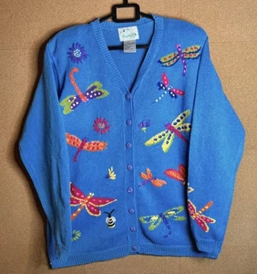 The Quacker Factory, Bees, Dragonfly And Flowers Blue Cardigan Size Medium. - Picture 1 of 8