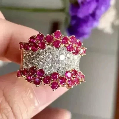 2.30Ct Round Cut Lab Created Ruby Cluster Cocktail Ring 14K Yellow Gold Plated - Image 1 of 4