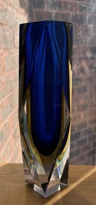 Vintage Murano Sommerso facettierte Kunstglas Vase blau Bernstein klar schwer italienisch MCM - Bild 1 von 14