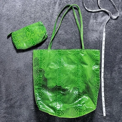 Carlos Falchi Green Snakeskin Tote Set Floral Lining Matching Zip Pouch Handbag - Image 1 of 4