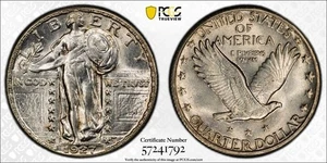 Cuarto de dólar Standing Liberty 1927 - graduación profesional MS62 cabeza completa (FH), moneda tipo plata de Estados Unidos. - Imagen 1 de 5