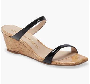 Stuart Weitzman Aleena 50 Wedge Slip On Sandals Patent Leather Black Cork Sz 9 - Picture 1 of 14