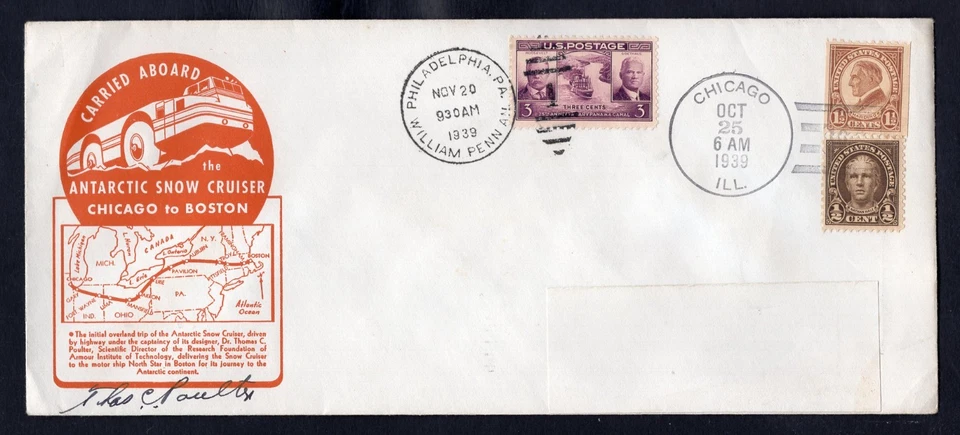 USA 1939 Antarctic Snow Cruiser Cover, Signed by Thomas Poulter, Polar Explorer - Image 1 of 2