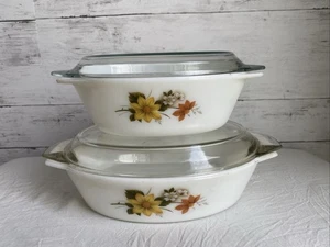 SET of Pyrex Autumn Glory JAJ Vintage Oval White Opal Casserole Dish Lid - Picture 1 of 11