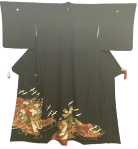 Kimono Tomesode japonés vintage poliéster flor negra escudo familiar altura 61 pulgadas - Imagen 1 de 23