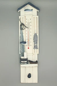 Thermometer 40 cm Holz maritim dekoriert mit Haken weiss-blau Vintage Look - Bild 1 von 8