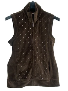 Women's Quaker Factory Brown Velour Rhinestone Sleeveless Full Zip Vest Size S - Picture 1 of 11