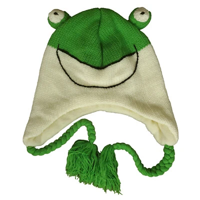 Gorro tejido sapo rana gorra lapona sombrero ojos 3D borlas trenzadas verde blanco nuevo Foto 1 de 4