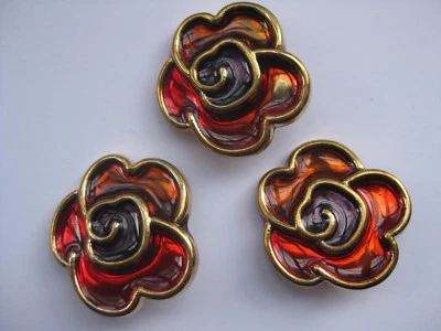 37mm Extra Large Beautiful Faux Enamel Roses Gold Vintage Sewing Buttons Set 3 - image 1 of 4