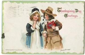 Postal de Acción de Gracias A/S Frances Brundage Pilgrim Boy and Girl 1918 102213 OS - Imagen 1 de 2