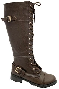 Combat Boots Buckle Casual PU-Leather Riding Fashion Tall Knee High Lace Up - Picture 1 of 4