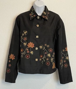 Alexandria Pierce Blazer Blouse Black Silk Floral Embroidery Button Size Large - Picture 1 of 9