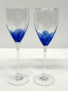 Signed MASLACH '85 Hand Blown Blue Tulip Art Glass Wine Goblet Pair - Picture 1 of 6