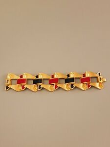 Signed MONET Vintage Art Deco Massive Bracelet Black Red Enamel Matte Gold Tone 