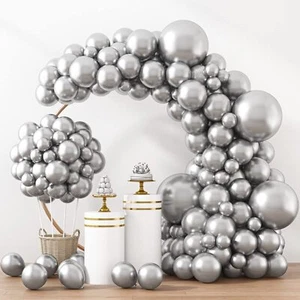 129pcs Metallic Silver Balloons Different Sizes 18 12 10 5 Inches Latex Ballo... - Picture 1 of 7