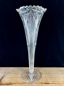 American Brilliant Cut Crystal Glass Flute Vase SAW TOOTH RIM 12” TALL: EAPG - Picture 1 of 19