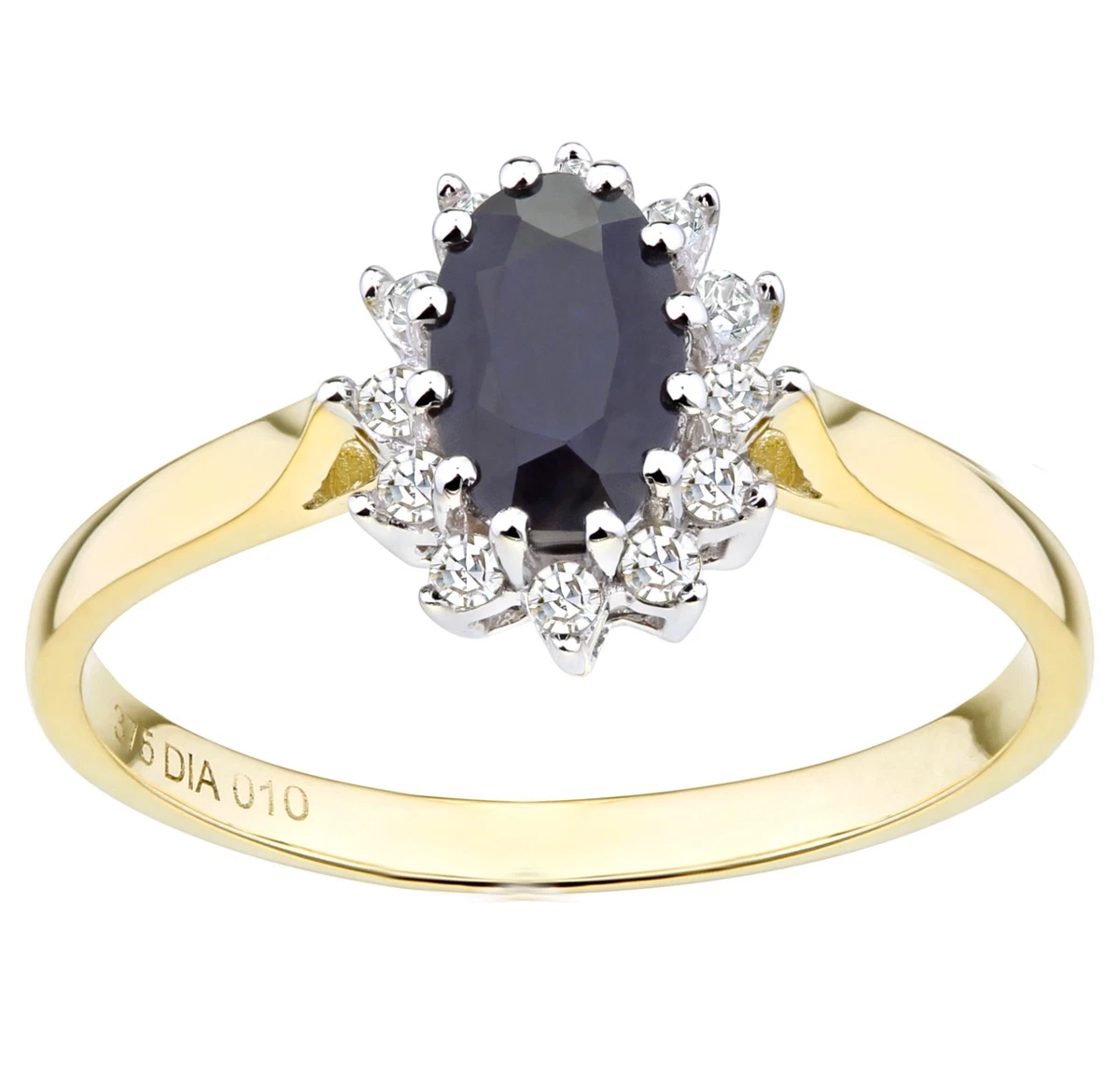 10k Yellow Gold Diamond-Accented Blue Sapphire Ring - 7-Stone Oval, Polished Layered Band, Size 9.25