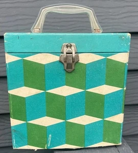 VTG 60’s 70’s Record Case Green & White Diamond Cubes + 60 Records - Picture 1 of 11