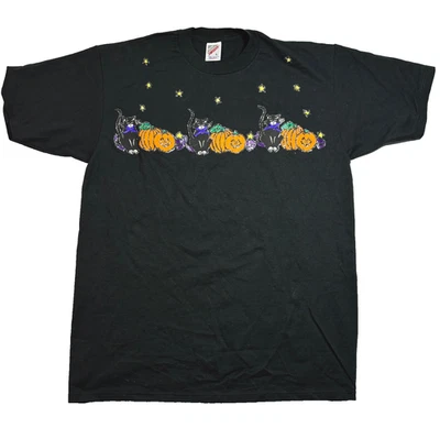 Vintage Halloween Shirt Pumpkin Cat Tee Painted Black Double Sided T-Shirt LG - Image 1 of 4