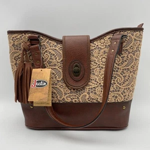 Justin Concealed Carry Tote Bag Brown Lace Overlay Western Cowgirl Satchel Purse - Picture 1 of 24